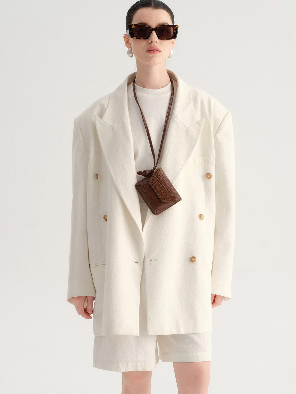 audreyyang Minimal Double Breasted Notch Lapel Midlength Loose Fit Women White Blazers