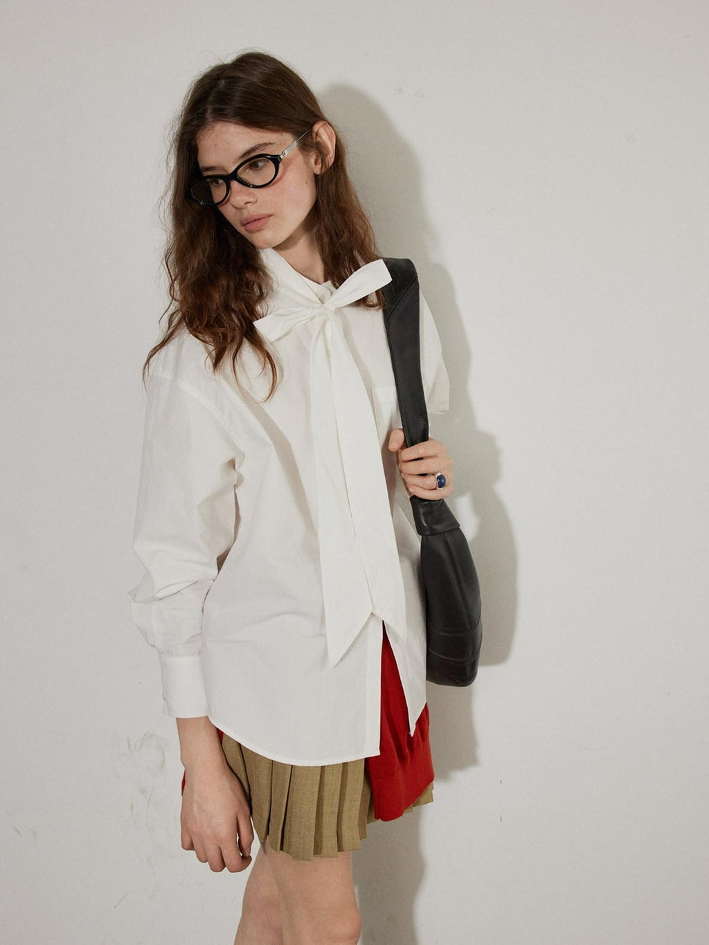Lofi choose Elegant Ribbon Tie Neck Office Loose Fit Long Sleeve Button Blouses