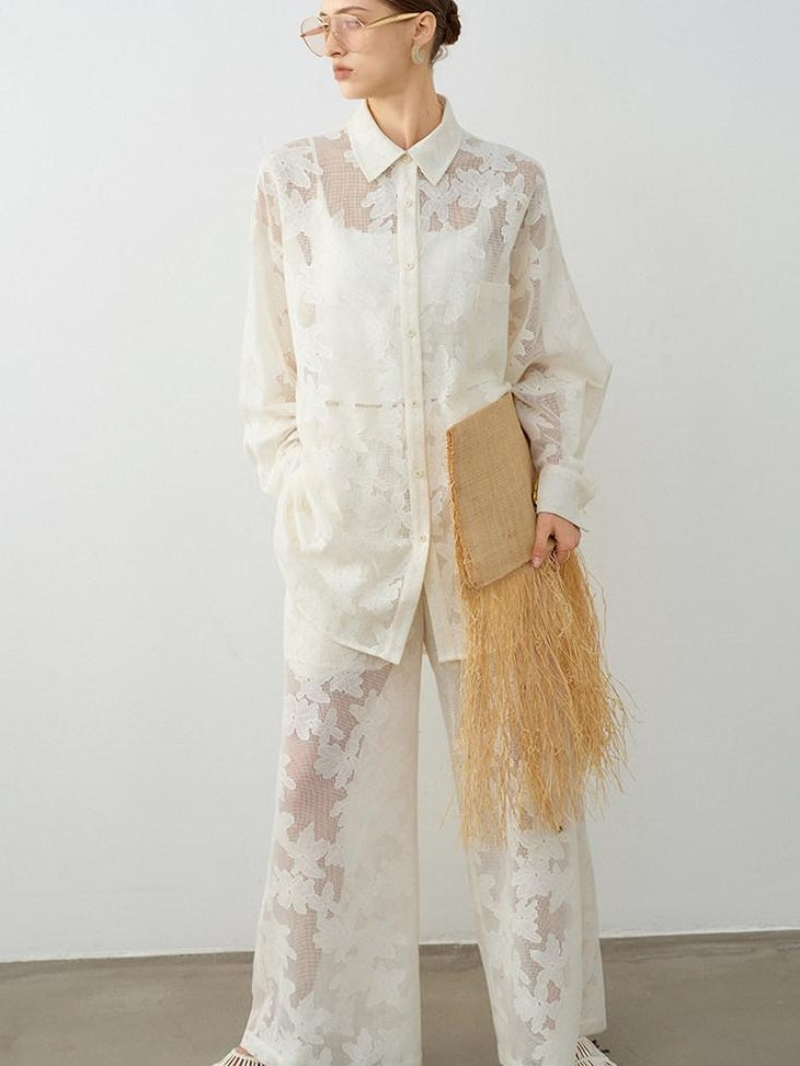 audreyyang Lightweight Shape Retention Lace Polo Loose Fit Women Cotton Top & Pants Sets