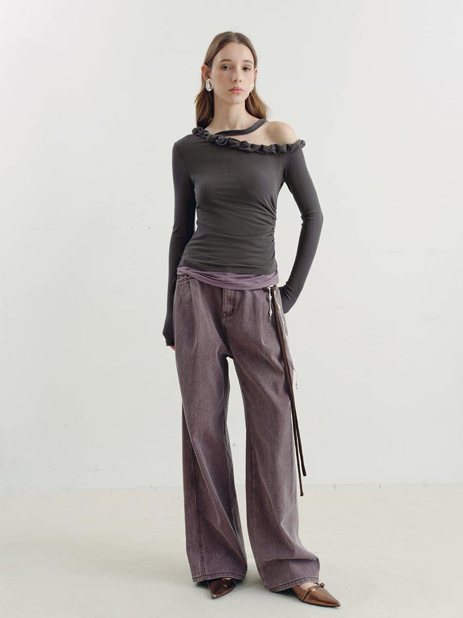 someonesometimes Lyocell Linen Blend Asymmetric Neckline Slim Fit Women Long Sleeve T-Shirts