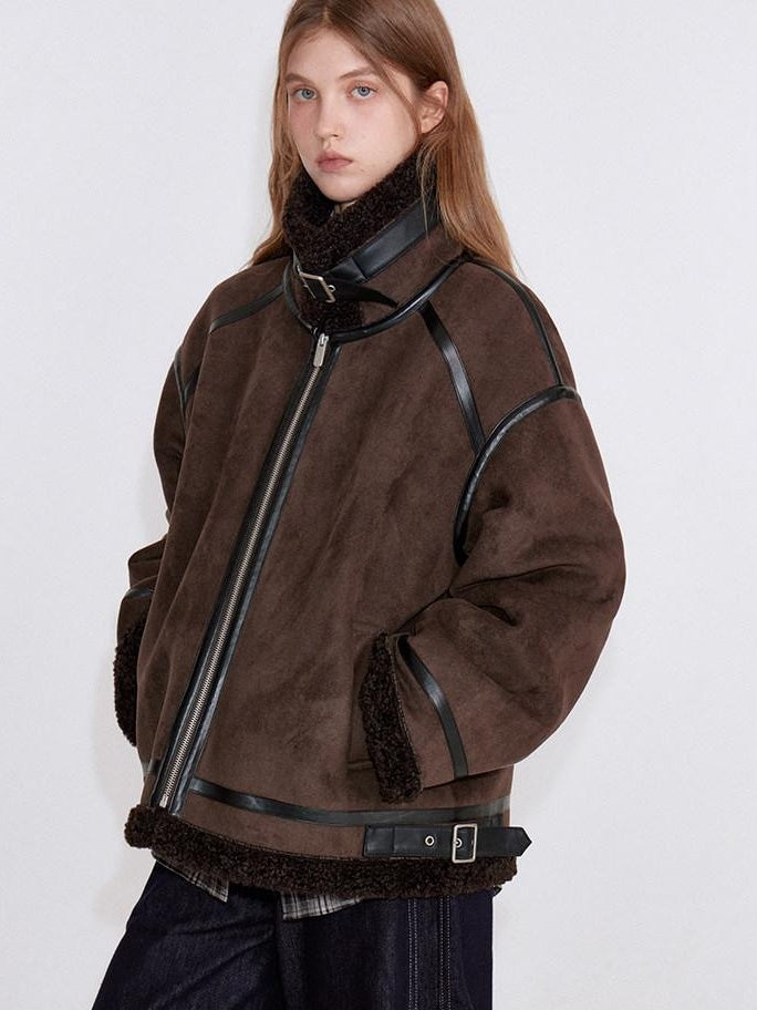 fano Chocolate Brown Fur Lined Stand Collar Loose Fit Casual Women Zip Bomber Jackets