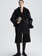 audreyyang Warm Wool Shearling Collar Patchwork Loose Midlength Women Black Long Coats
