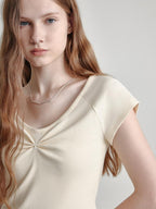 fano V-neck Drawstring Cotton Blend Minimal Straight Women Short Sleeve T-Shirts