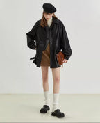 fano Windproof Pu Commuter Relaxed Raglan Women Mid Length Black Leather Jackets