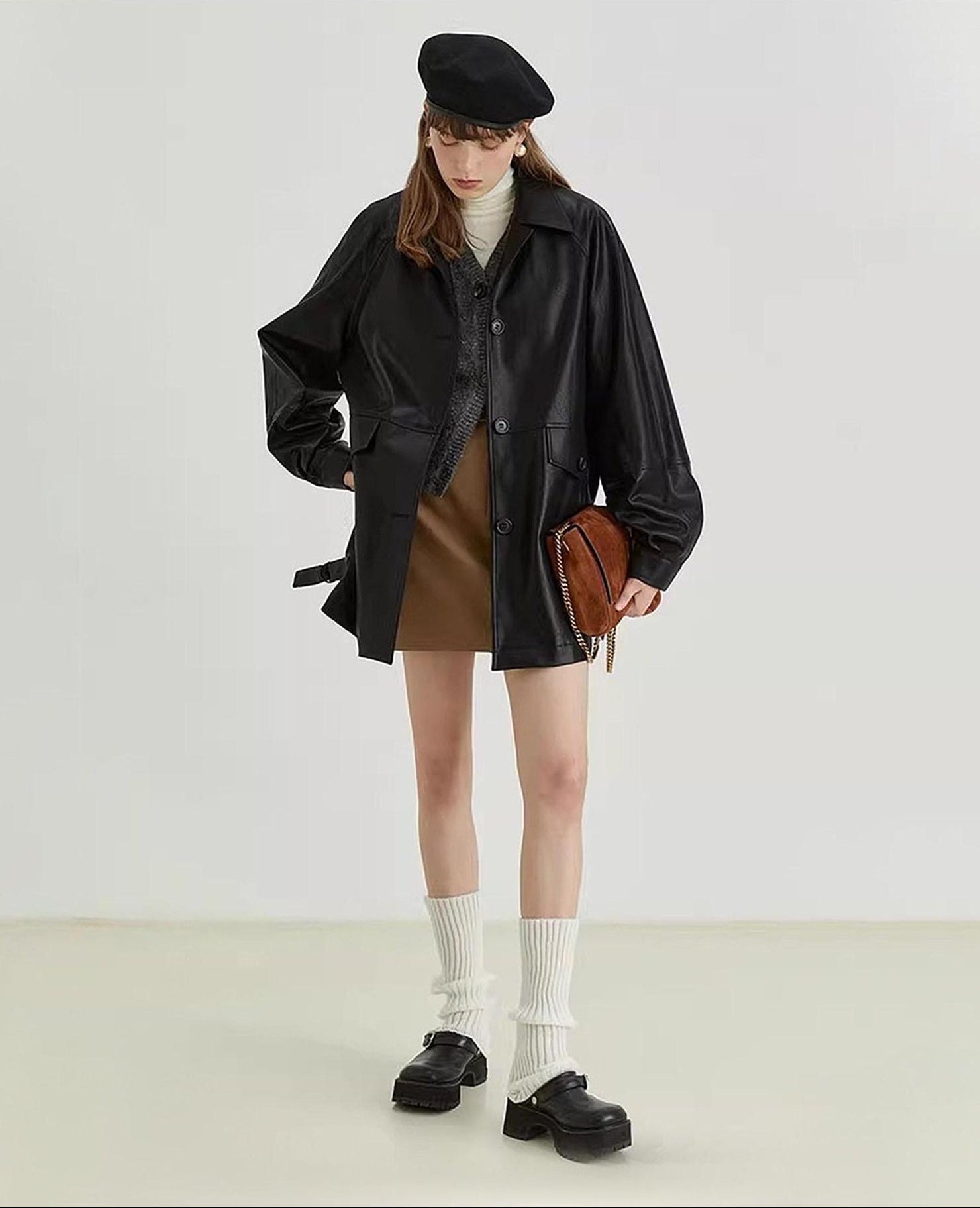 fano Windproof Pu Commuter Relaxed Raglan Women Mid Length Black Leather Jackets