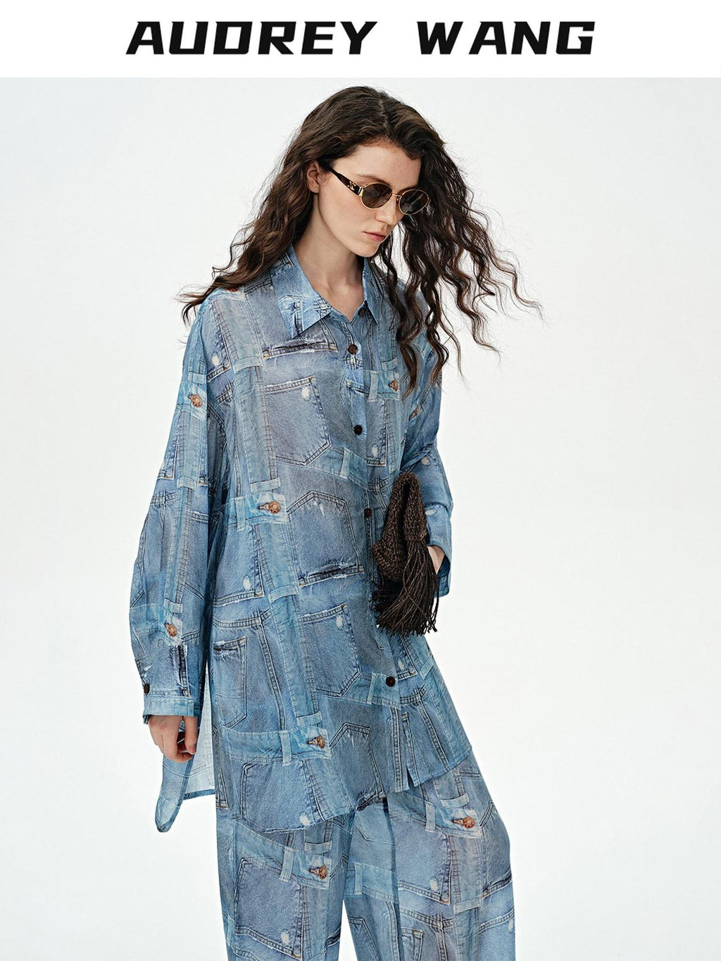 audreyyang Breathable Rayon Loose Fit Lapel Button Floral Denim Top & Pants Sets