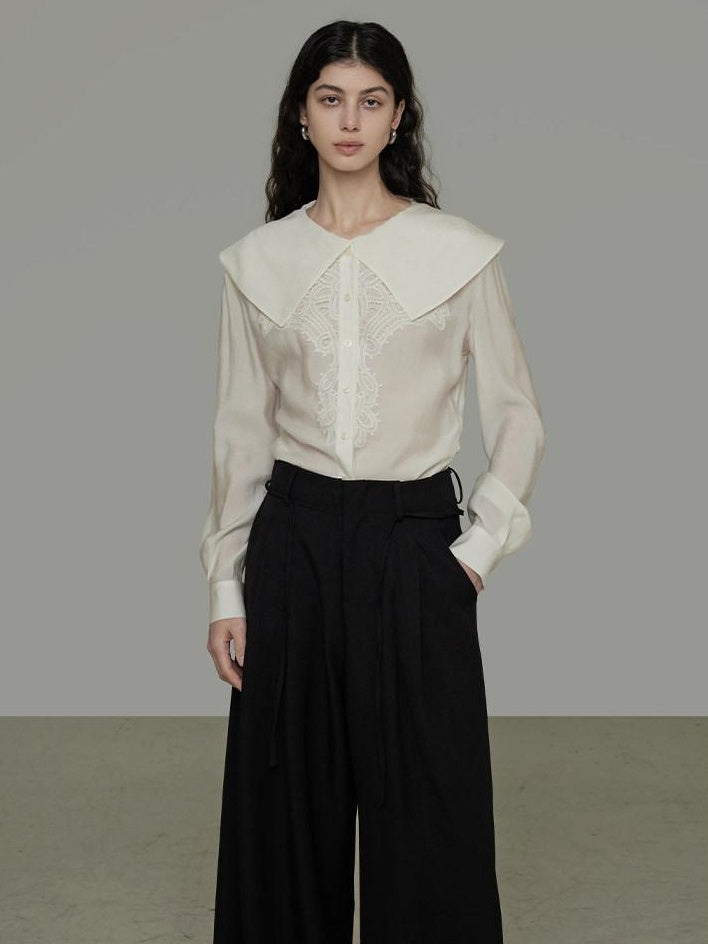 unspoken Lyocell Embroidered Doll Collar Loose Fit Women White Button Long Sleeve Blouses
