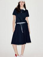 fano Classic Pleated Mid Waist Korean Office Navy Polyester Rayon Midi Skirts