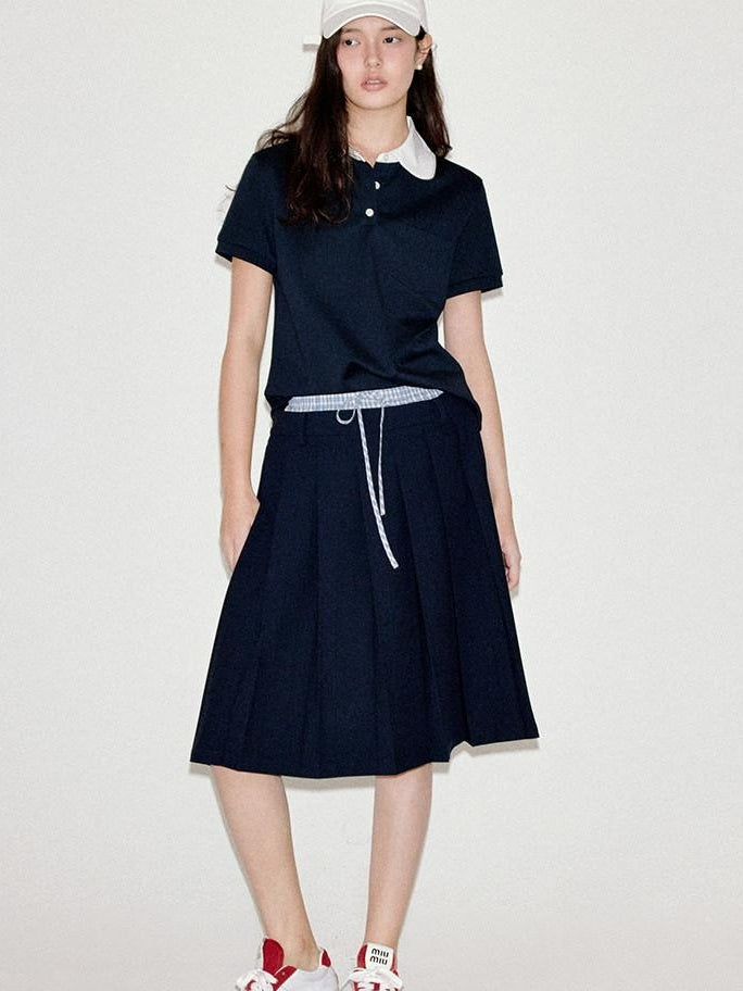 fano Classic Pleated Mid Waist Korean Office Navy Polyester Rayon Midi Skirts