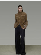 unspoken Thick Warm Stand Collar Slim Fit Minimal Office Brown Nylon Blend Short Coat