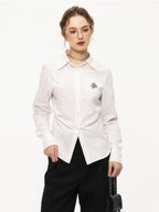 ikyou Embroidered Pleat Slim Fit Office Cotton Blend Collared Long Sleeve Blouses