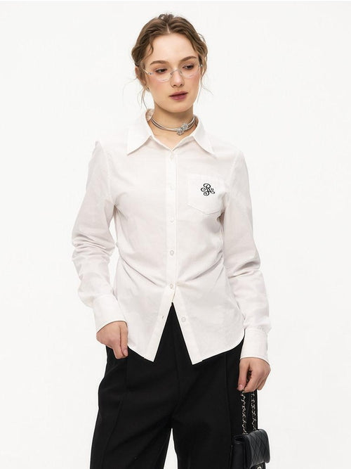 ikyou Embroidered Pleat Slim Fit Office Cotton Blend Collared Long Sleeve Blouses