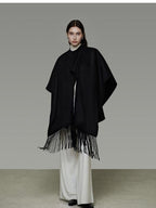unspoken Pure Sheepswool Fringed Cape Commuter Women Structured Black Wool Coats
