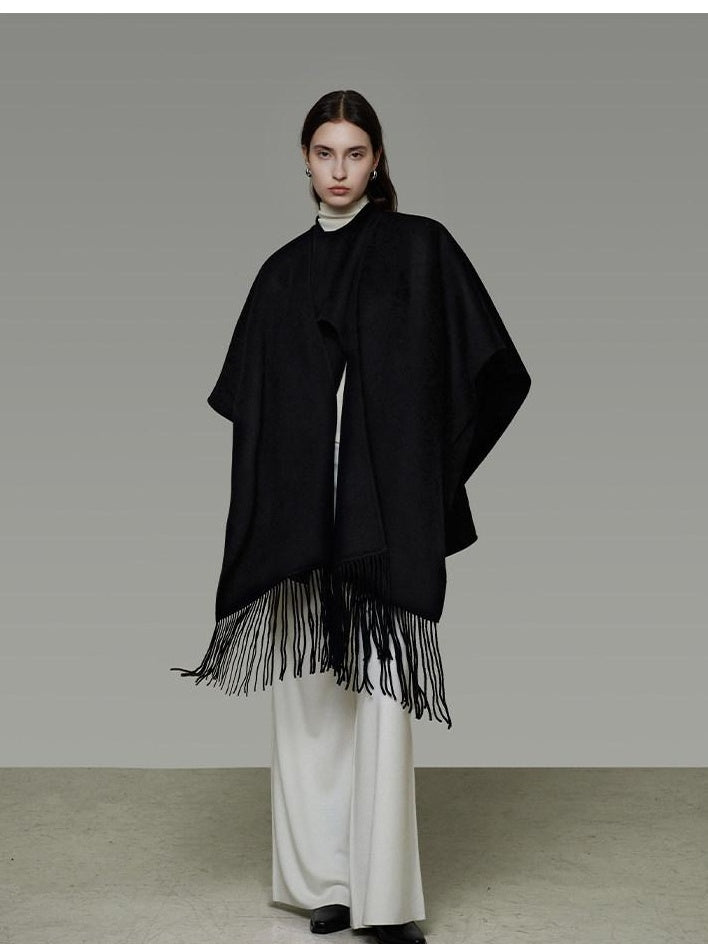 unspoken Pure Sheepswool Fringed Cape Commuter Women Structured Black Wool Coats
