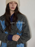 Lofi choose Cozy Wool Blend V-neck Button Front Relaxed Fit Heart Pattern Gray Cardigans