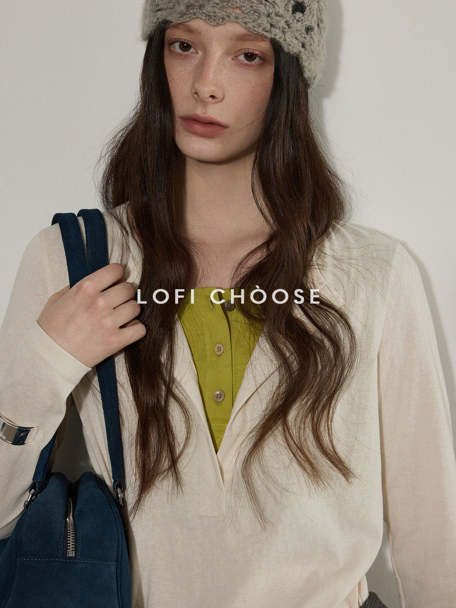 Lofi choose Soft Cotton Blend Faux Layered Loose Fit Women Beige Long Sleeve T-Shirts