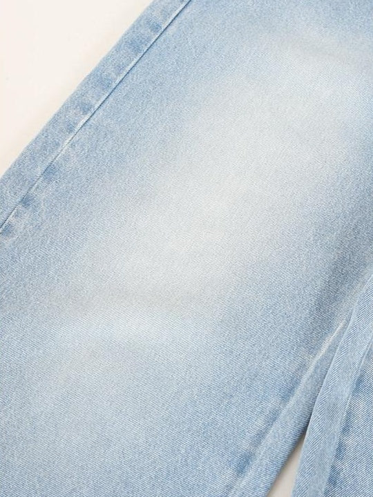audreyyang High Waist Water Washed Light Blue Zipper Fly No Stretch Women Wide Leg Jeans