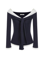 unspoken Slim Colorblock One Shoulder V-neck Casual Knitted Pullover Women Blouses