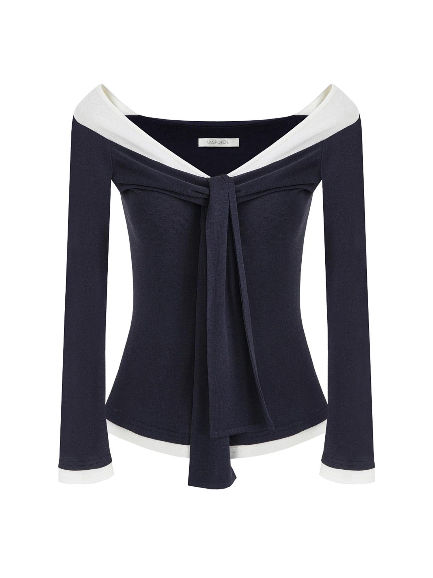 unspoken Slim Colorblock One Shoulder V-neck Casual Knitted Pullover Women Blouses