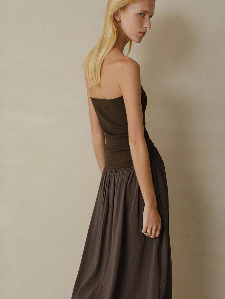 someonesometimes Tencel Modal Splice Slim Off Shoulder Strapless Casual Taupe Maxi Dresses