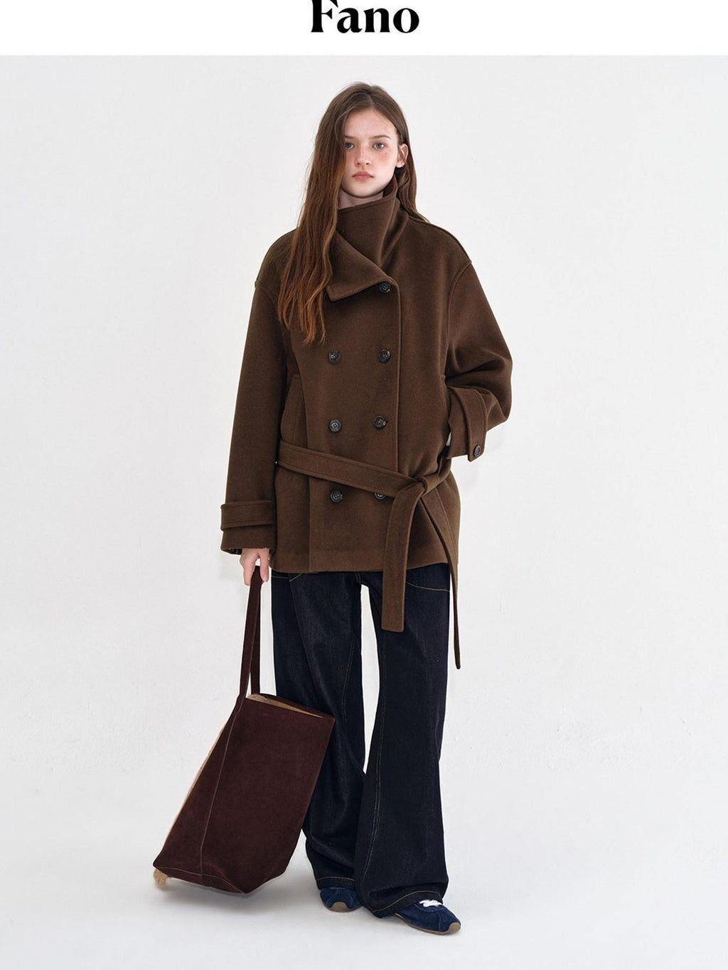 fano Brown Double Breasted Korean Notched Lapel Midlength Office For Women Long Coats