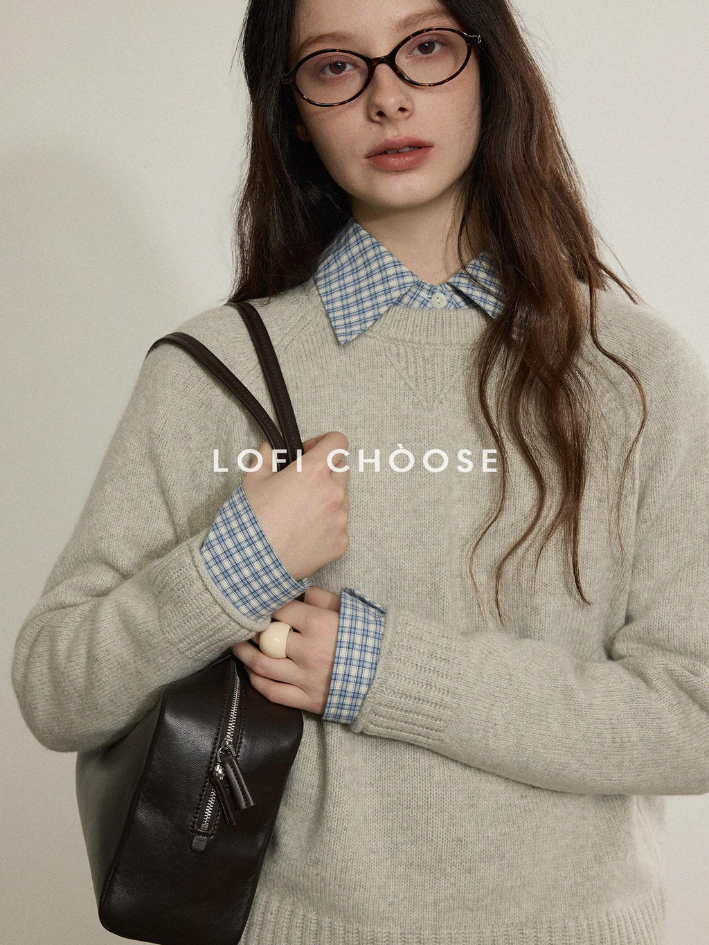 Lofi choose Wool Blend Loose Fit Rolled Hem Commuter Crew Neck Women Light Grey Sweaters