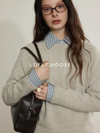 Lofi choose Wool Blend Loose Fit Rolled Hem Commuter Crew Neck Women Light Grey Sweaters