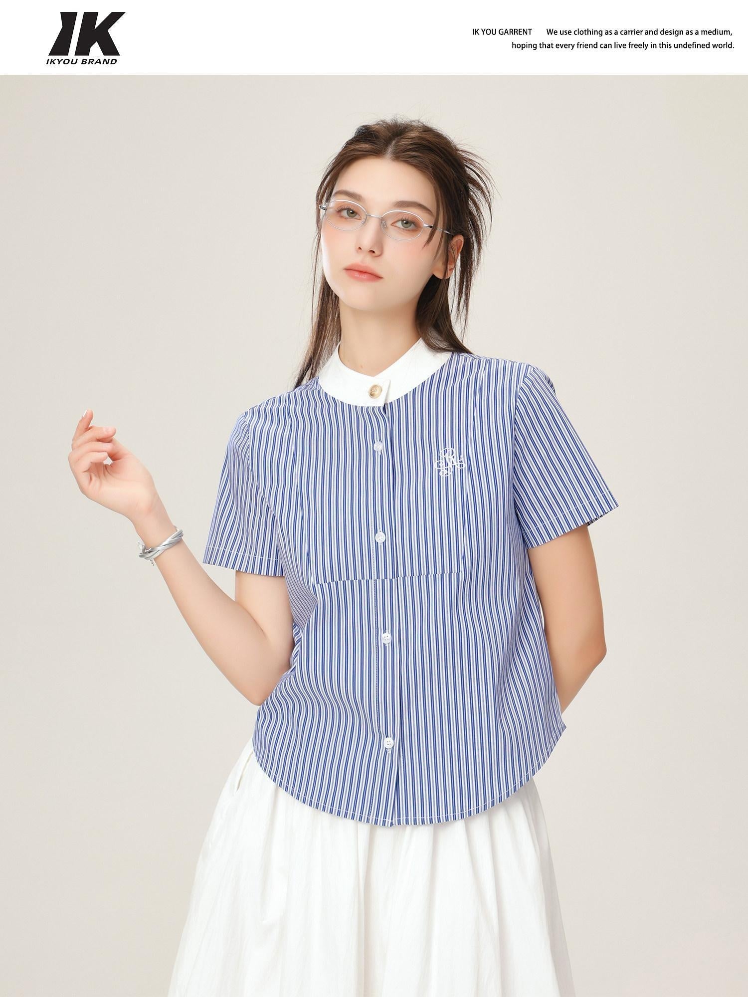 ikyou Embroidered Patchwork Straight Fit Stand Collar Short Sleeve Blue Button Blouses