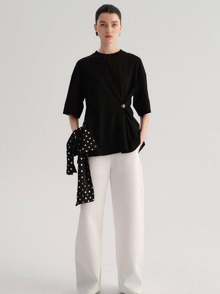 audreyyang Smart Office Natural Waist Zip Fly Polyester Blend Black White Straight Pants