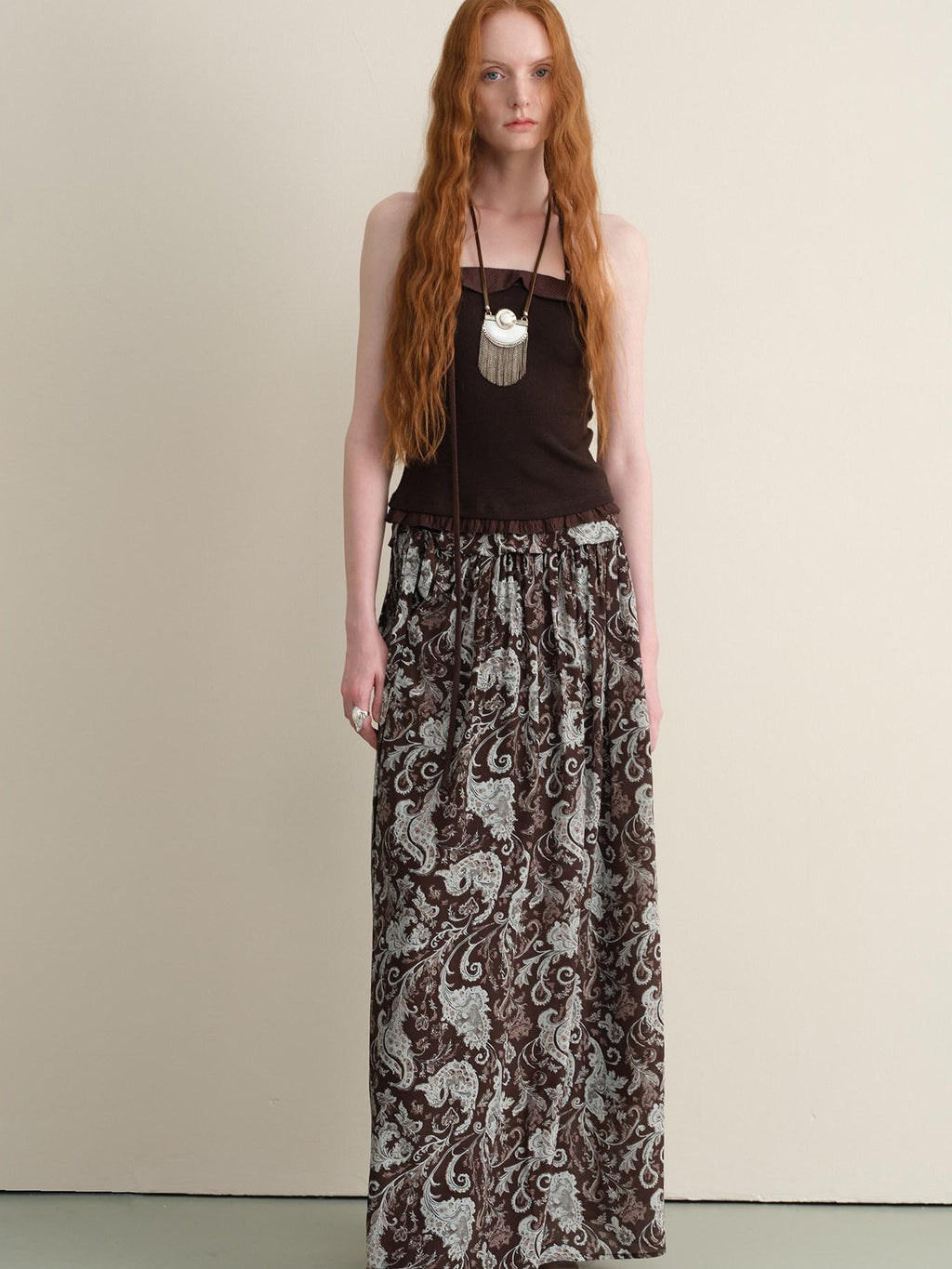 someonesometimes Lace Paisley Tie Mid Waist Relaxed H Line Casual Vacation Ladies Maxi Skirts