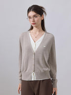 ikyou Soft Wool Blend Preppy V-neck Layered Women Khaki Knit Long Sleeve Cardigans