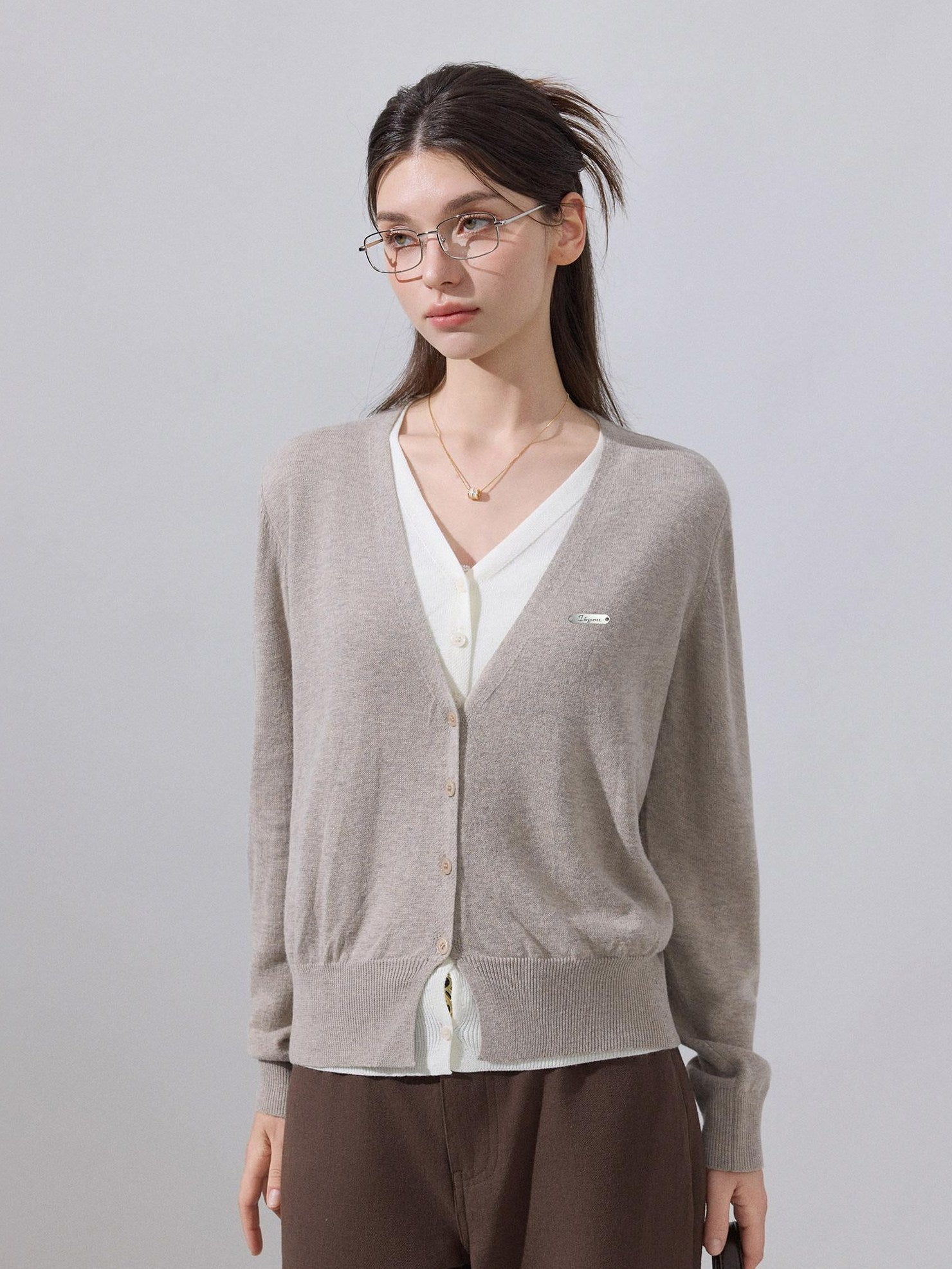 ikyou Soft Wool Blend Preppy V-neck Layered Women Khaki Knit Long Sleeve Cardigans