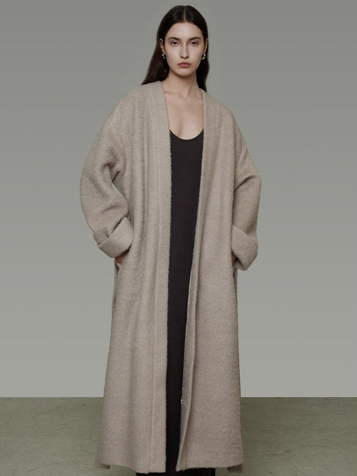 unspoken Cozy Sheepswool Belted Loose Fit Minimal Office V-neck Mid Length Wool Coats