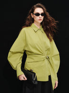 audreyyang Shape Retaining Casual Relaxed Tie Drop Shoulder Women Cotton Blend Shirts