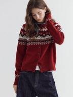 fano Warm Sheep Wool Jacquard Loose Korean Commuter Crewneck Red Women Cardigans
