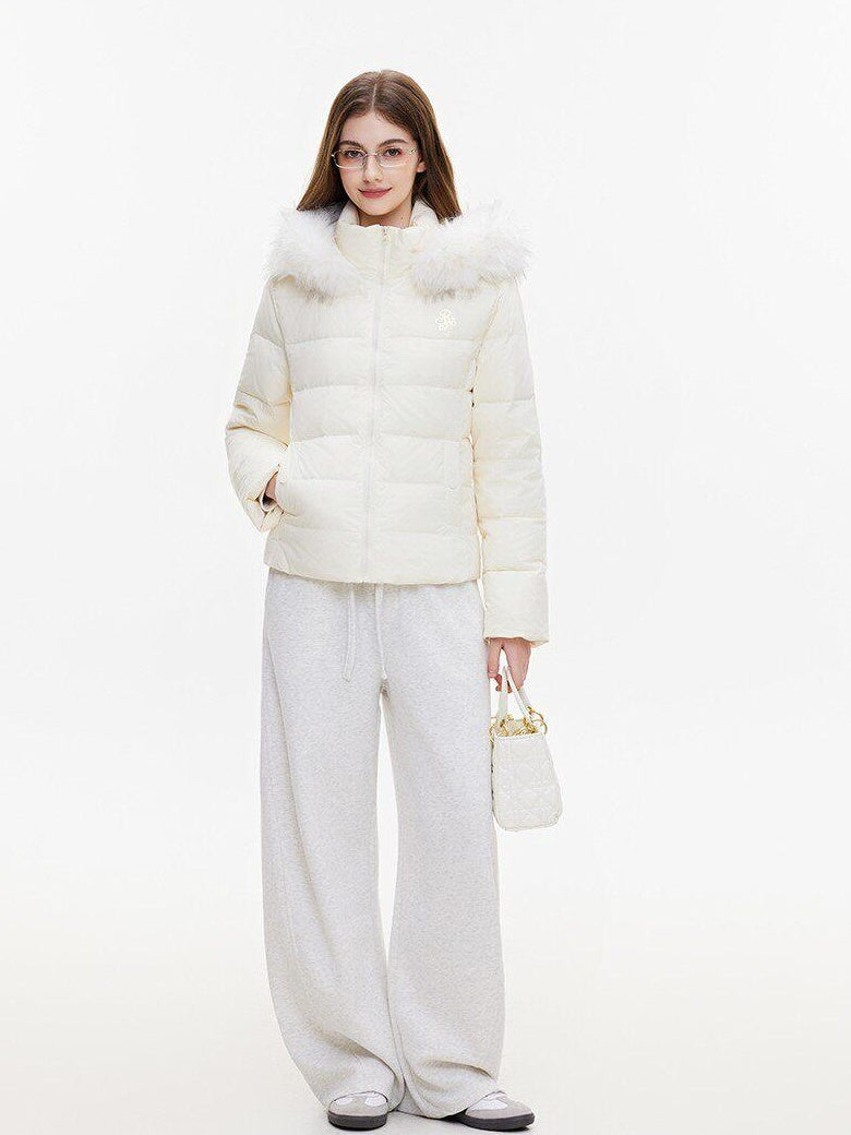 ikyou 90% White Duck Down Warm Minimalist Slim Hooded Fur Collar Women Down Jackets