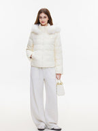 ikyou 90% White Duck Down Warm Minimalist Slim Hooded Fur Collar Women Down Jackets