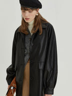 fano Warm Vintage Loose Fit Turn Down Collar Button Closure For Women Leather Jackets