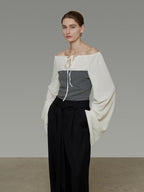 unspoken Breathable Cotton Contrast V-neck Loose Longsleeve Tie Front Women Blouses