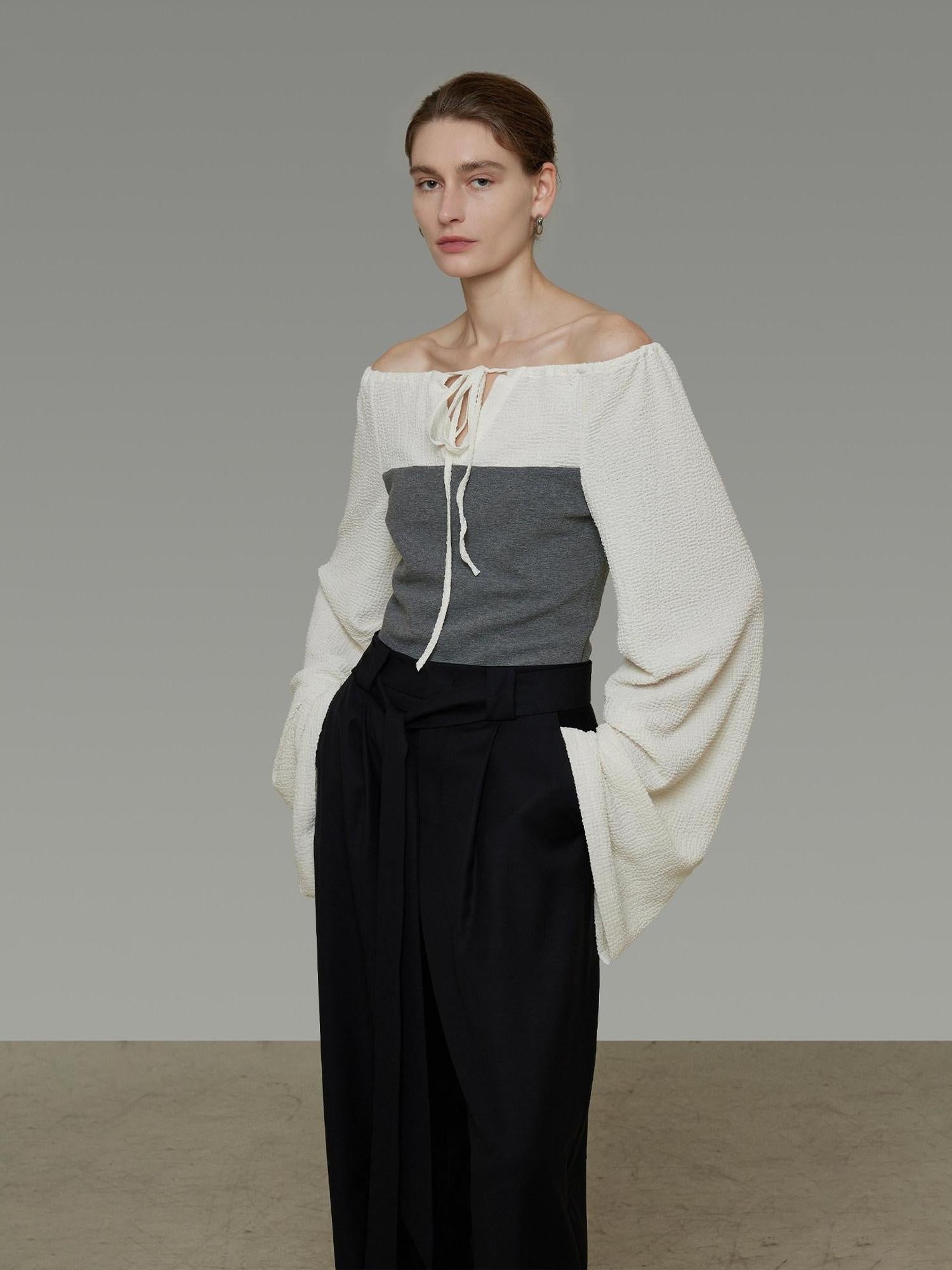 unspoken Breathable Cotton Contrast V-neck Loose Longsleeve Tie Front Women Blouses