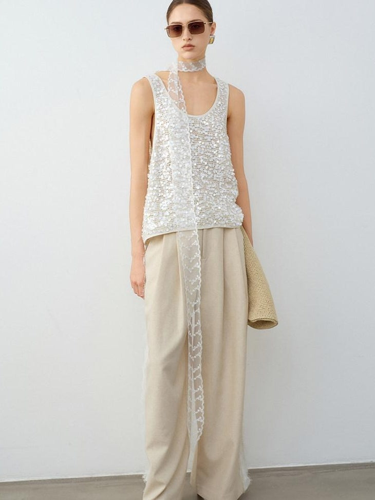 audreyyang Elegant Lace Natural Waist Office Loose Womens White Linen Blend Wide Leg Pants