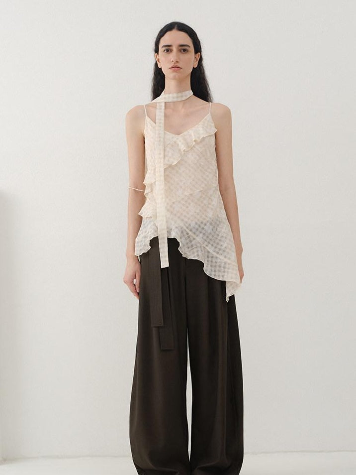 someonesometimes Minimalist Work Natural Waist Button Tea Brown Stretch Wide Leg Pants