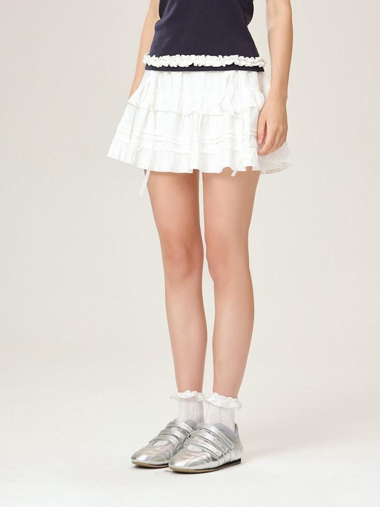 ikyou Soft Cotton Jacquard Lined A Line Puff Skirt Bow Lace Women Daily Mini Skirts