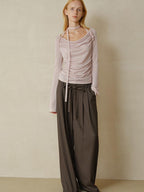 someonesometimes Lyocell Blend Slim Ruched Bell Sleeve Mauve Drape Neck Long Sleeve T-Shirts