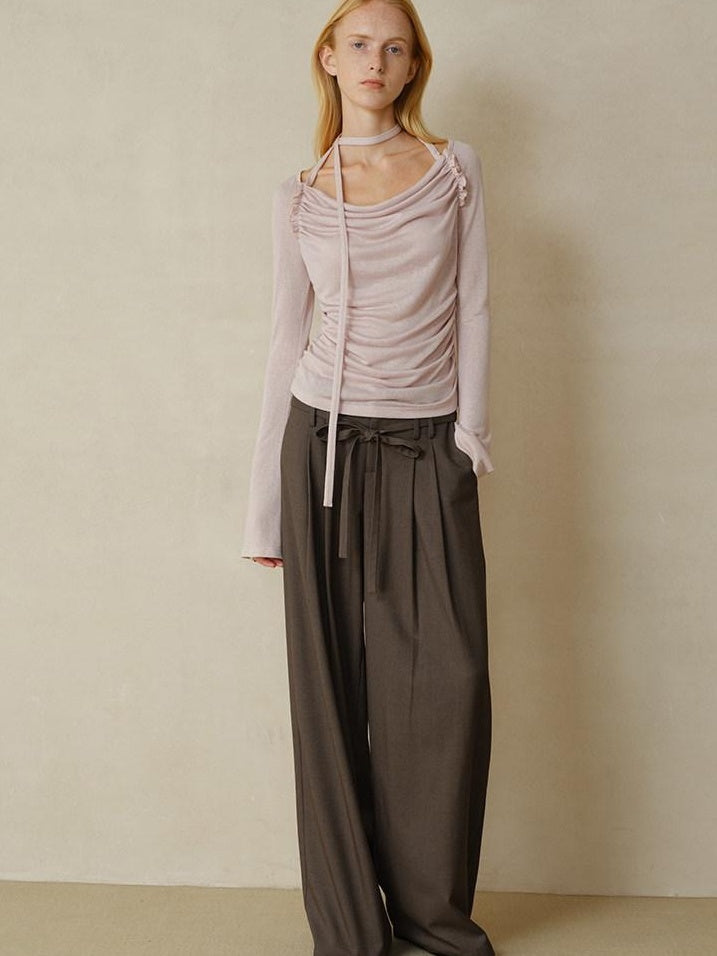 someonesometimes Lyocell Blend Slim Ruched Bell Sleeve Mauve Drape Neck Long Sleeve T-Shirts