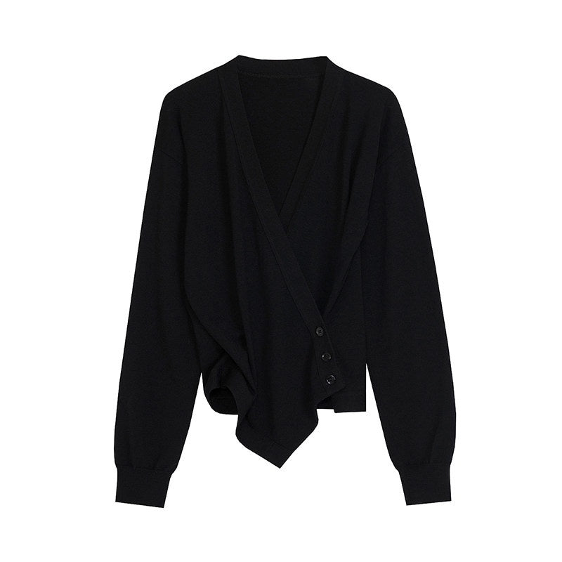 unspoken_Soft_Asymmetrical_Loose_Women_V-neck_Long_Sleeve_Black_Blouses_MISSTT