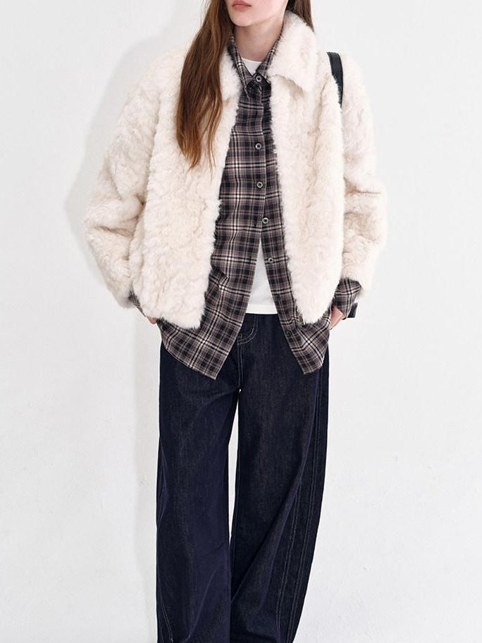 fano Warm Vintage Loose Lapel Zipper Long Sleeve Casual Young Women Ivory Short Coat