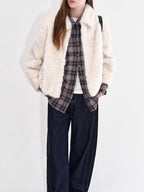 fano Warm Vintage Loose Lapel Zipper Long Sleeve Casual Young Women Ivory Short Coat