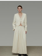 unspoken Cropped V-neck Blazer Tailored Slim High Waist Cotton Office Top & Skirt Sets