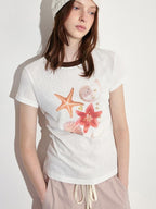 fano Breathable Lyocell Blend Korean Slim Fit White Printed Short Sleeve T-Shirts